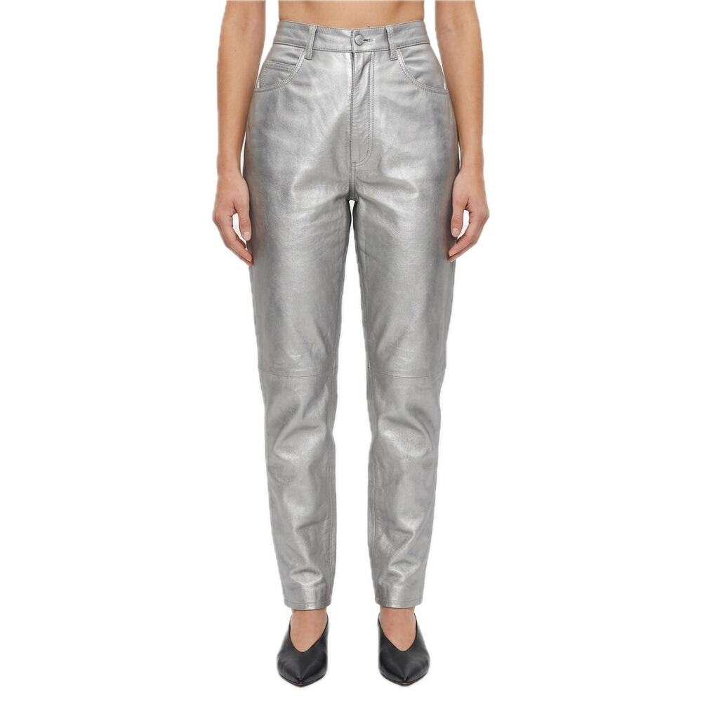Vintage 80s Silver Genuine Leather High Waist Tapered Pants Lined Size 8 NEW Tag